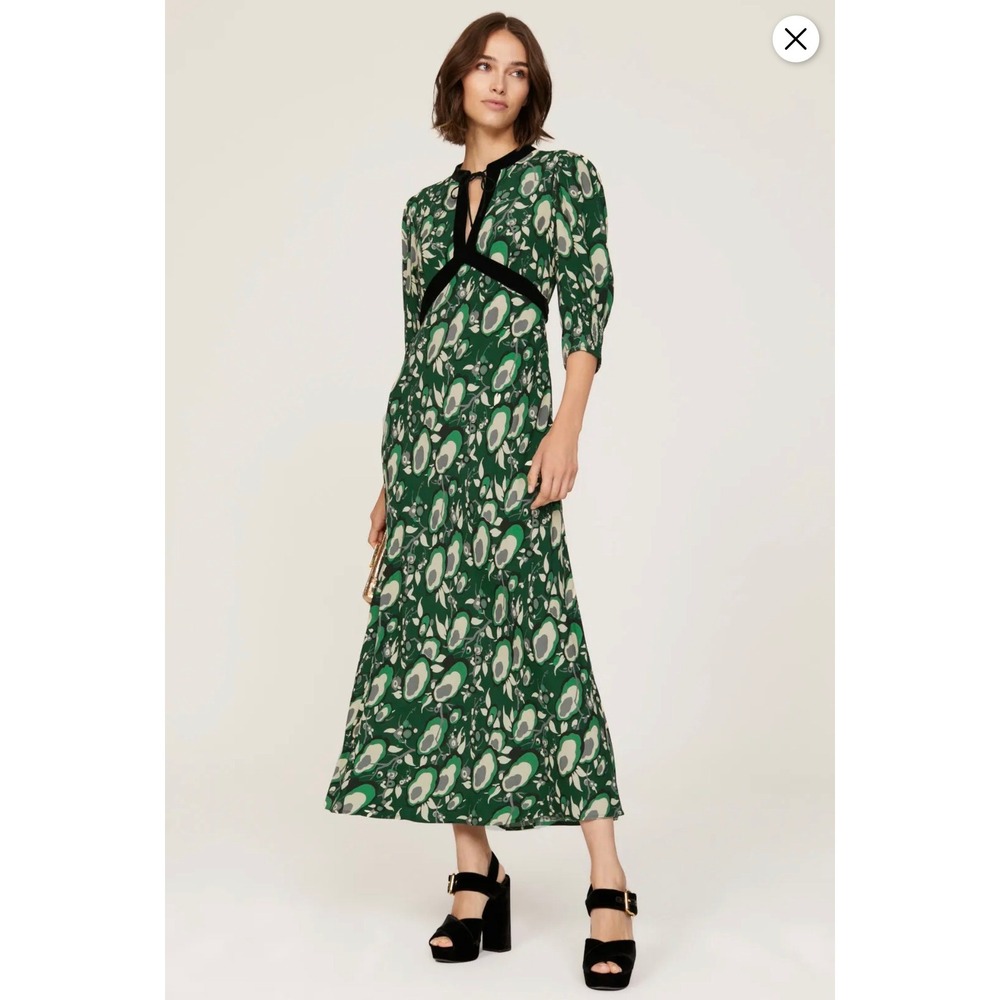 Rixo Petra Green Floral Abstract Midi Dress Velvet Trim Empire Waist US 8 M EUC
